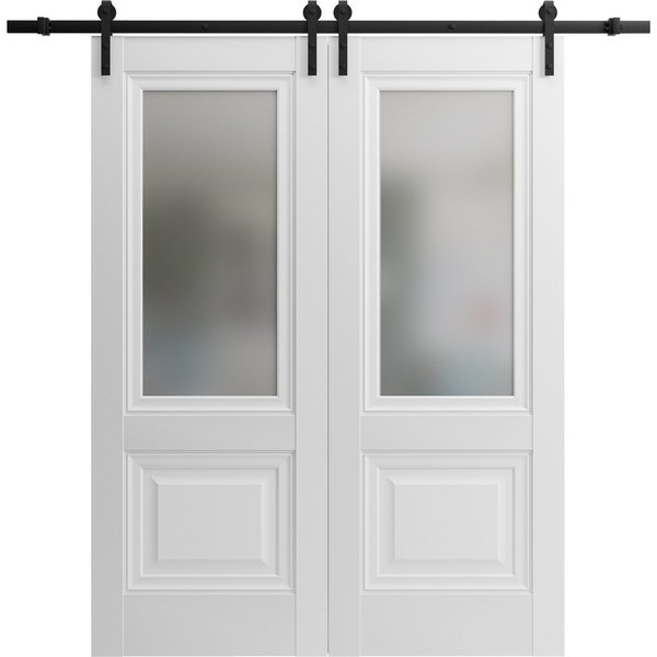 Sartodoors Sturdy Dbl Barn Door 56 x 84in W/, White Silk W/ Frosted Glass, 13FT Rail Hangers Heavy Set LUCIA8822DB-WS-5684